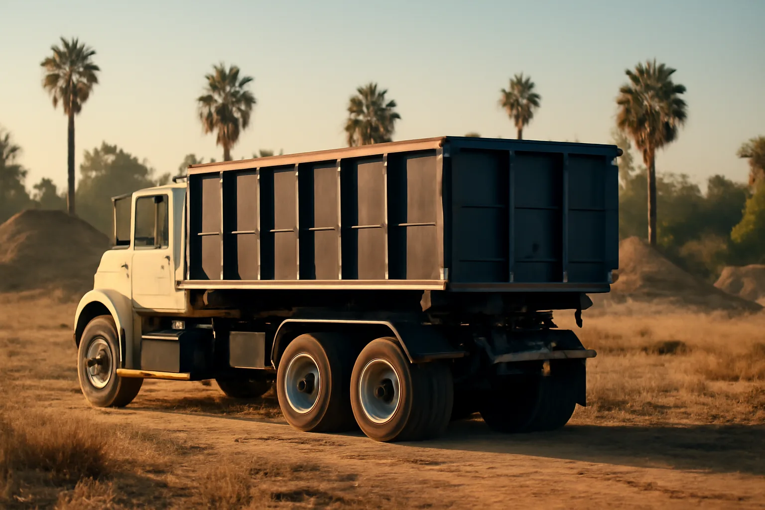 Roll-off dumpster truck parked at a California construction site in morning light