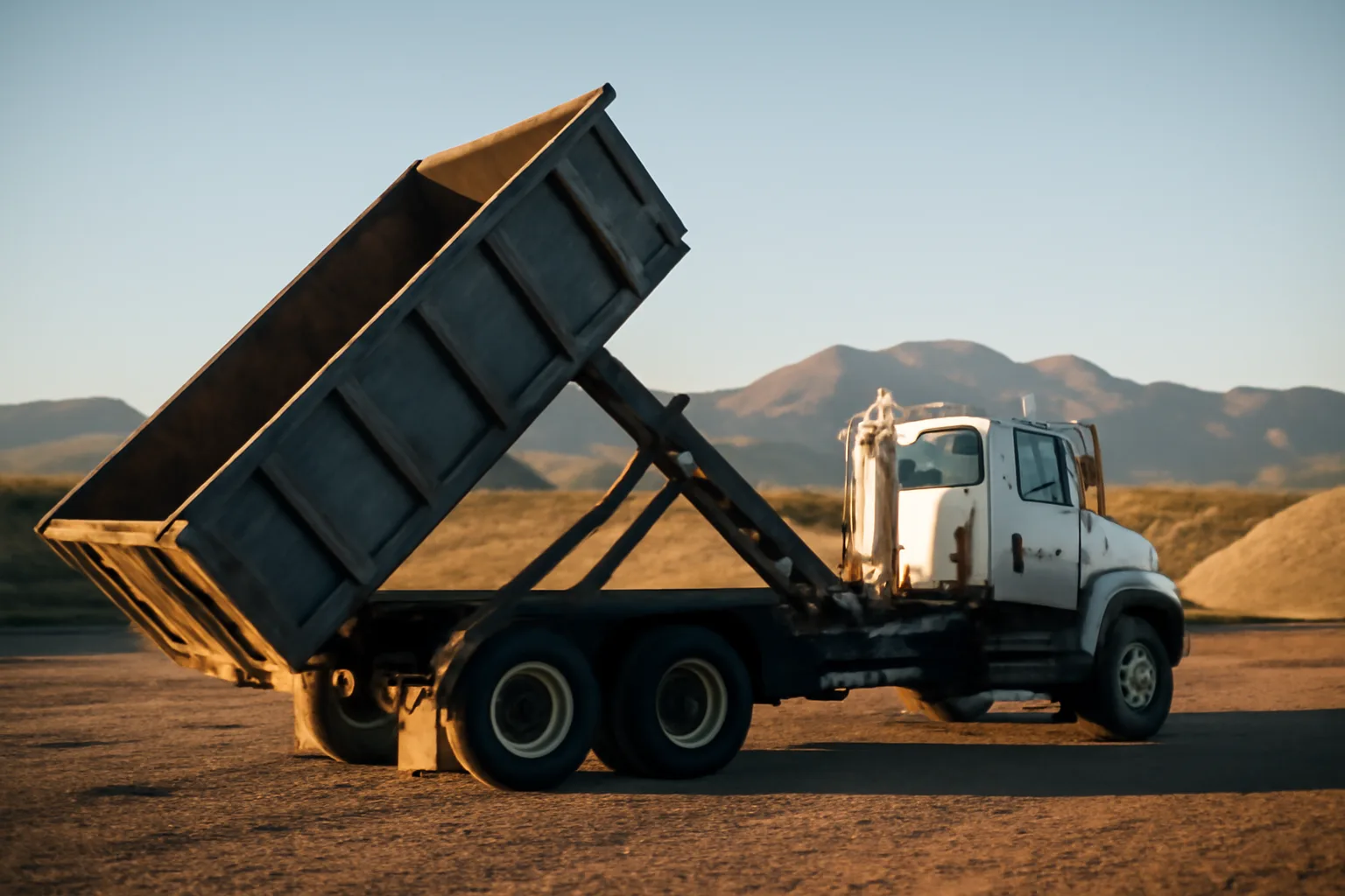 Roll-off truck lifting a steel container in a Colorado gravel yard with mountain backdrop