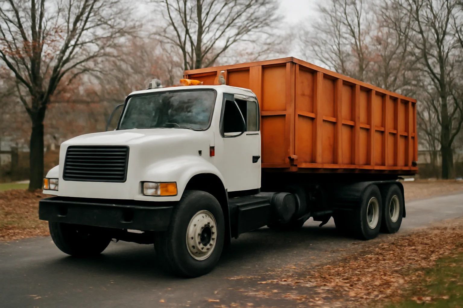 Roll-off dumpster truck parked on a Connecticut residential street in autumn