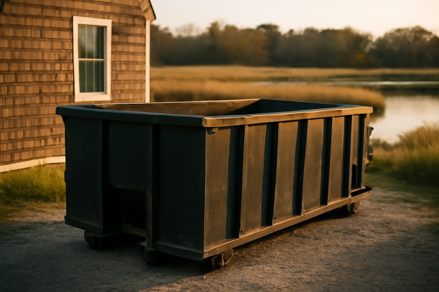 Unmarked steel roll-off dumpster in a Delaware gravel driveway