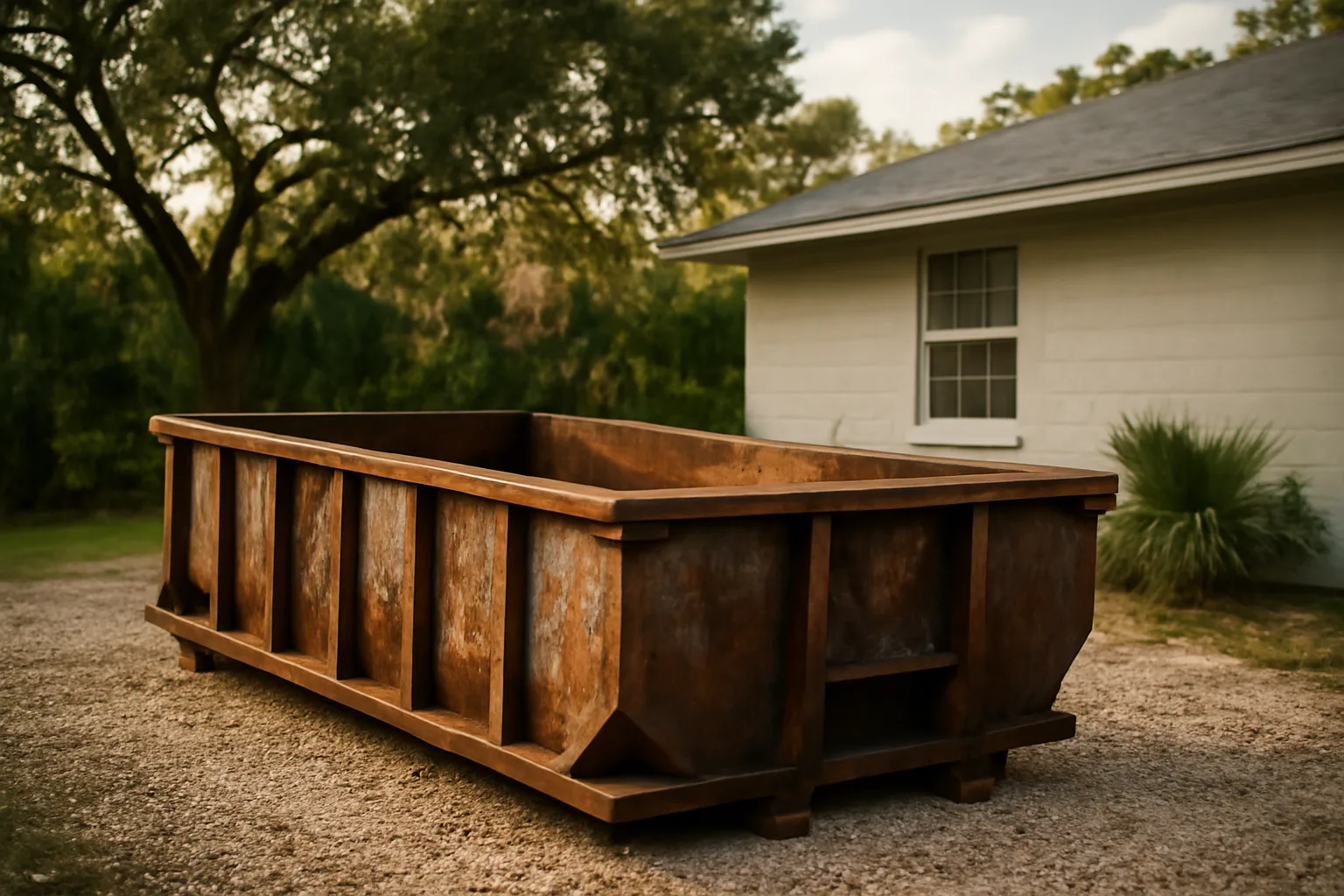 Empty roll-off dumpster beside a Florida house in afternoon light