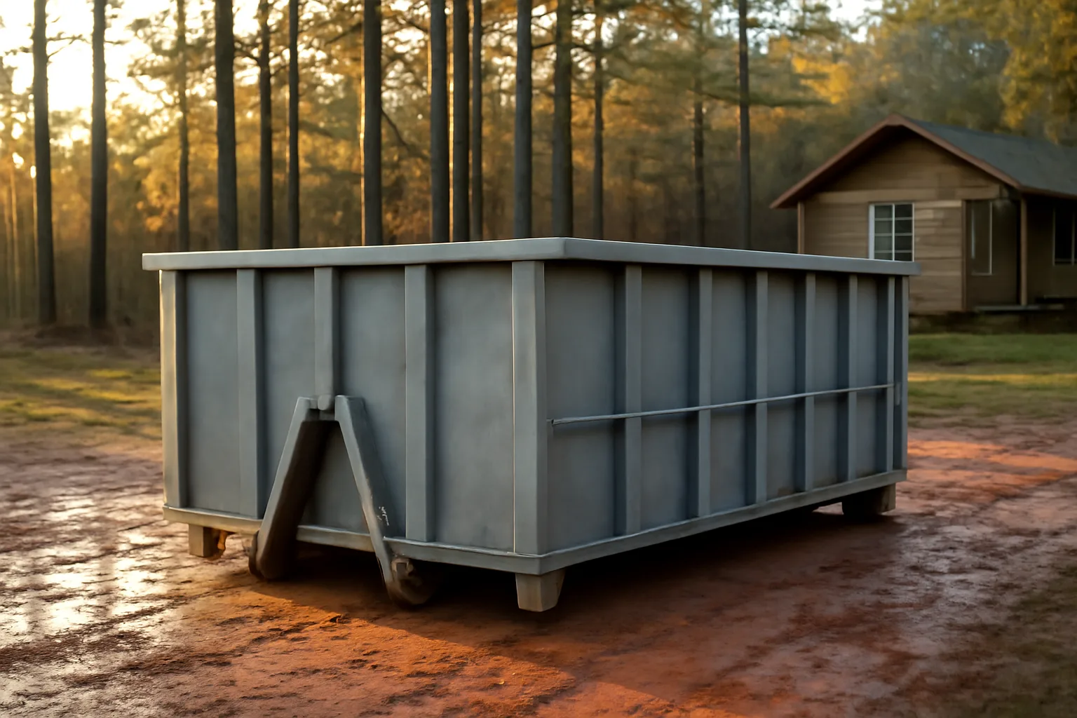 Empty steel roll-off dumpster on wet red Georgia clay