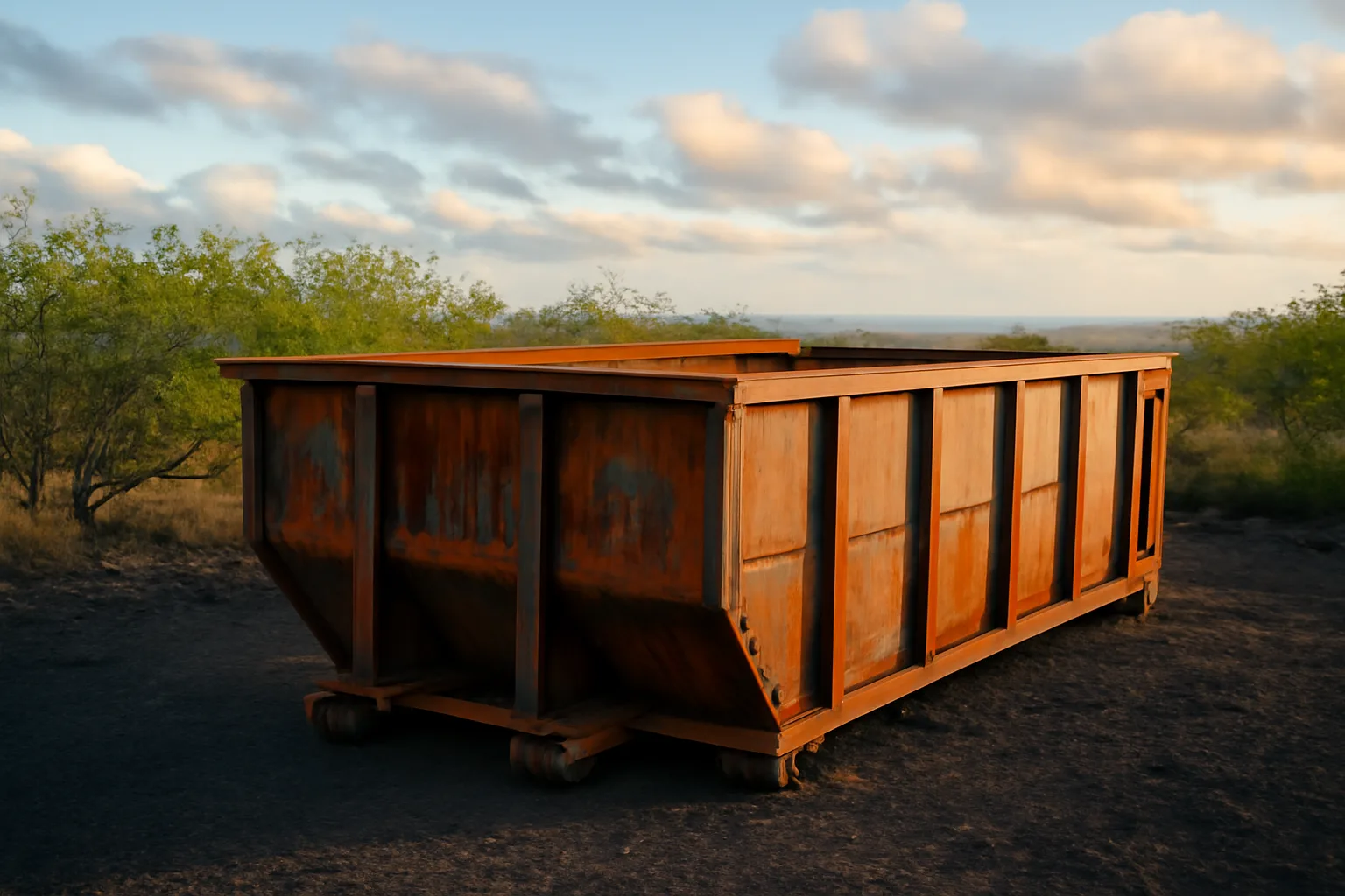 Empty unmarked steel roll-off dumpster on gravel near Honolulu harbor